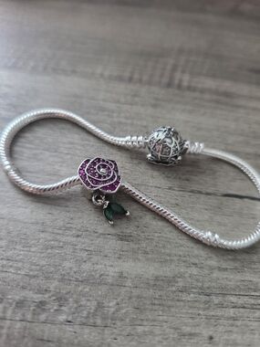 Silver Rose Charm Bracelet with Pink Rose and Green Leaf Dangle